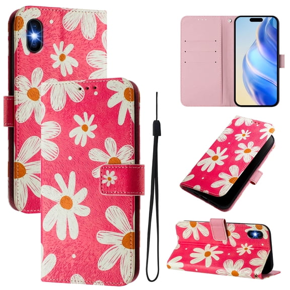 TECH CIRCLE for iPhone 13 Mini Case 5.4-Inch (2021 Release), Cute Cartoon Flip Wallet Phone Case with Lanyard, Built-in Card Slots & Stand Function, Portable Lightweight Slim Folio Cover, Red Daisy