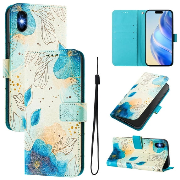 TECH CIRCLE for iPhone 13 Mini Case 5.4-Inch (2021 Release), Cute Cartoon Flip Wallet Phone Case with Lanyard, Built-in Card Slots & Stand Function, Portable Lightweight Slim Folio Cover, Blue Flower