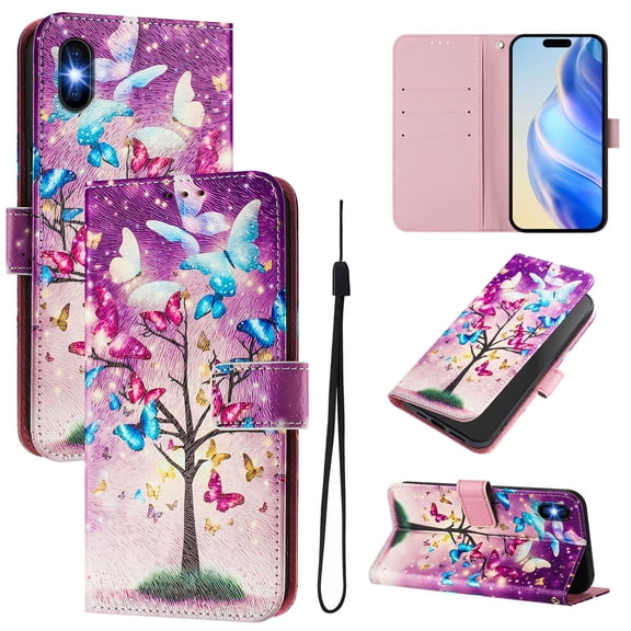 TECH CIRCLE for iPhone 13 Mini Case 5.4-Inch (2021 Release), Cute Cartoon Flip Wallet Phone Case with Lanyard, Built-in Card Slots & Stand Function, Portable Lightweight Slim Cover, Butterfly Tree