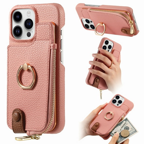 TECH CIRCLE For iPhone 13 Pro Case with Card Holder,Slim Stand PU Leather Zipper Wallet Case with Rotation Ring Holder Shockproof Protective Case for Apple iPhone 13 Pro 6.1" 2021,Pink