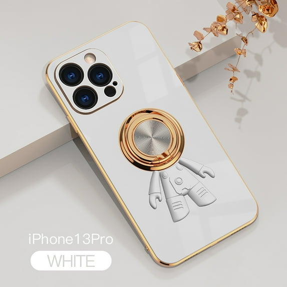 TECH CIRCLE For iPhone 13 Pro Case,Shockproof Cute 6D Cartoon Astronaut Hidden Gold Plating Finger Ring Kickstand Slim Back Cover.For iPhone 13 Pro,White
