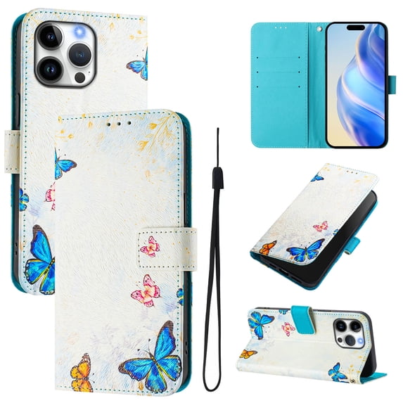 TECH CIRCLE for iPhone 13 Pro Max Case 6.7" (2021 Release), Cute Cartoon Flip Wallet Phone Case with Lanyard, Built-in Card Slots & Stand Function, Portable Lightweight Slim Folio Cover, Butterflies