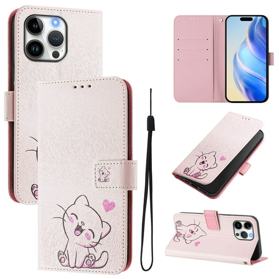 TECH CIRCLE for iPhone 13 Pro Max Case 6.7-Inch (2021 Release), Cute Cartoon Flip Wallet Phone Case with Lanyard, Built-in Card Slots & Stand Function, Portable Lightweight Slim Folio Cover, Pink Cat