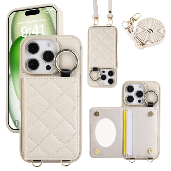 TECH CIRCLE for iPhone 13 Pro Max Case, Quilted PU Leather Double Magnetic Clasp Shockproof Cover with Card Holder Shoulder Strap Mirror Ring Stand Flip Wallet Case for iPhone 13 Pro Max 6.7",White