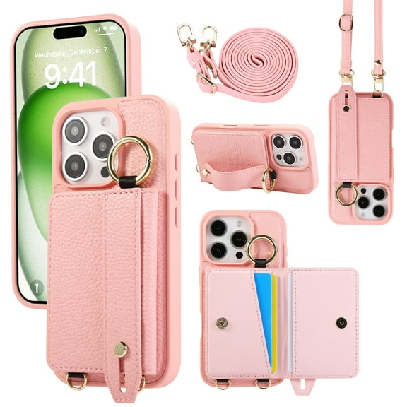 TECH CIRCLE for iPhone 13 Pro Wallet Case with Card Holder, Lanyard Wrist Strap Loop Holder Kickstand RFID Blocking Finger Grip Ring PU Leather Shockproof Cover for iPhone 13 Pro 6.1",Pink