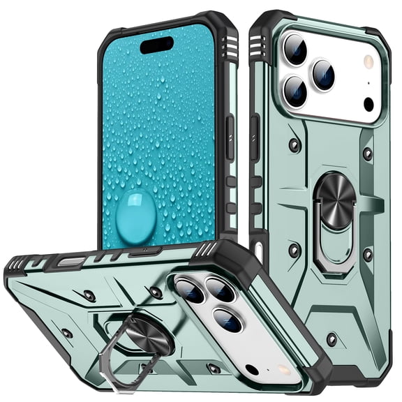TECH CIRCLE for iPhone 13 Rugged Shockproof Phone Case with Rotating Finger Ring Holder Kickstand, Compatible with Magnetic Car Mount, Slim Fit Lightweight Protective Hard Shell Cover, Green