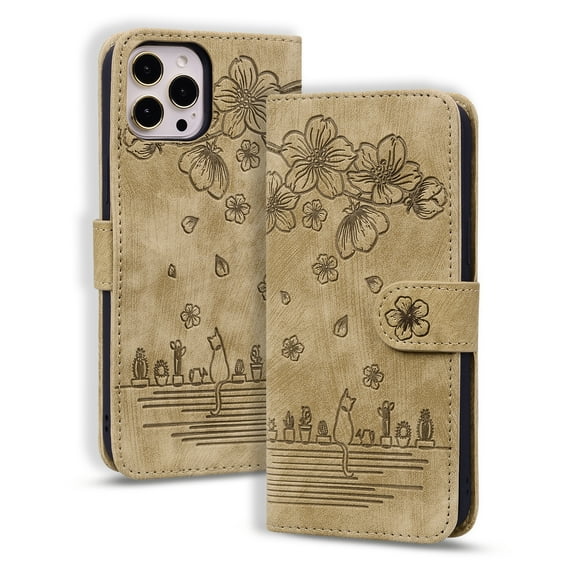 TECH CIRCLE iPhone 13 case, Flower cat Embossed Wallet Card Cash Slots PU Premium Leather Magnetic Flip Kickstand Shockproof Ultra-Slim Cover for iPhone 13 6.1 inch,,Brown