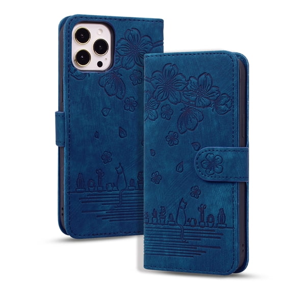 TECH CIRCLE iPhone 13 case, Flower cat Embossed Wallet Card Cash Slots PU Premium Leather Magnetic Flip Kickstand Shockproof Ultra-Slim Cover for iPhone 13 6.1 inch,,Blue