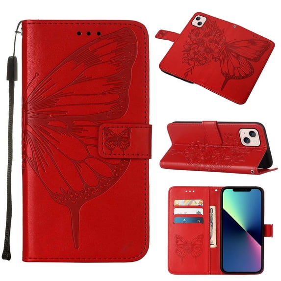TECH CIRCLE for iPhone 14 2022 Wallet Case, Embossed Butterfly PU Leather Credit Card Holder Slots Full Body Protection Kickstand Flip Folio Shockproof TPU Phone Cover,Red