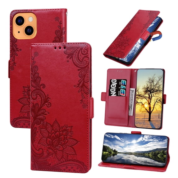TECH CIRCLE For iPhone 14 6.1 inch 2022 Case,Luxury PU Leather Embossed Pattern Flip Wallet Card Slots Stand Magnetic 360 Protection Shockproof with Wrist Strap Cover.For iPhone 14,Red