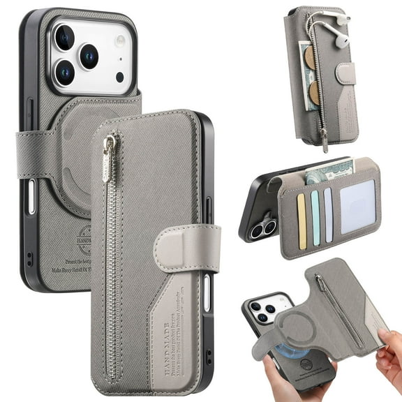 TECH CIRCLE For iPhone 14 Case, 2-in-1 Detachable Magnetic Flip Wallet Case with Card Slots/Zipper Pocket, RFID Blocking PU Leather Flip Cover, Compatible with MagSafe, Protective Case, Gray