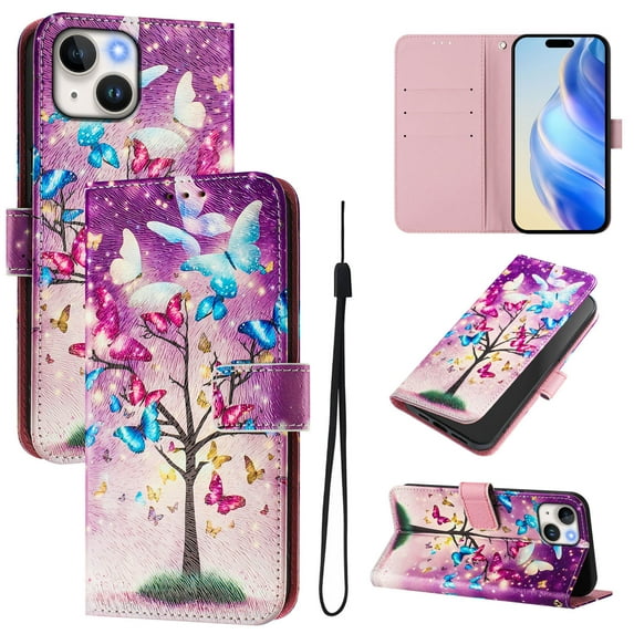 TECH CIRCLE for iPhone 14 Case 6.1-Inch (2022 Release), Cute Cartoon Flip Wallet Phone Case with Lanyard, Built-in Card Slots & Stand Function, Portable Lightweight Slim Cover, Butterfly Tree