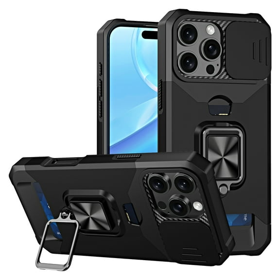 TECH CIRCLE for iPhone 14 Hybrid Rugged Case with Slide Camera Cover, Military Drop Protection Cover with Ring Stand & Card Holder, Shockproof Magnetic Drop Protective Cover,Black