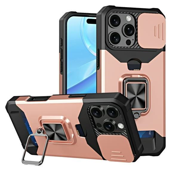 TECH CIRCLE for iPhone 14 Hybrid Rugged Case with Slide Camera Cover, Military Drop Protection Cover with Ring Stand & Card Holder, Shockproof Magnetic Drop Protective Cover,Rosegold