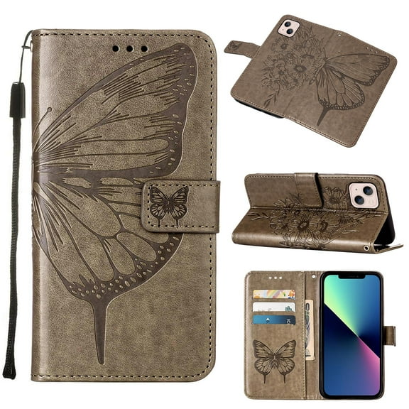 TECH CIRCLE for iPhone 14 Plus (6.7" 2022) Wallet Case, Embossed Butterfly PU Leather Credit Card Holder Slots Full Body Protection Kickstand Flip Folio Shockproof TPU Phone Cover,Gray