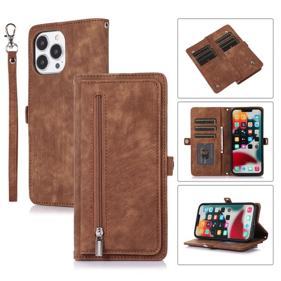 TECH CIRCLE for iPhone 14 Plus 6.7 inch Zipper Card Pocket Case,360 Protection Luxury Business PU Leather Folding Wallet Holder Shockproof Cover+Hand Crossbody Strap.For iPhone 14 Plus,Brown