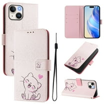 TECH CIRCLE for iPhone 14 Plus Case 6.7-Inch (2022 Release), Cute Cartoon Flip Wallet Phone Case with Lanyard, Built-in Card Slots & Stand Function, Portable Lightweight Slim Folio Cover, Pink Cat