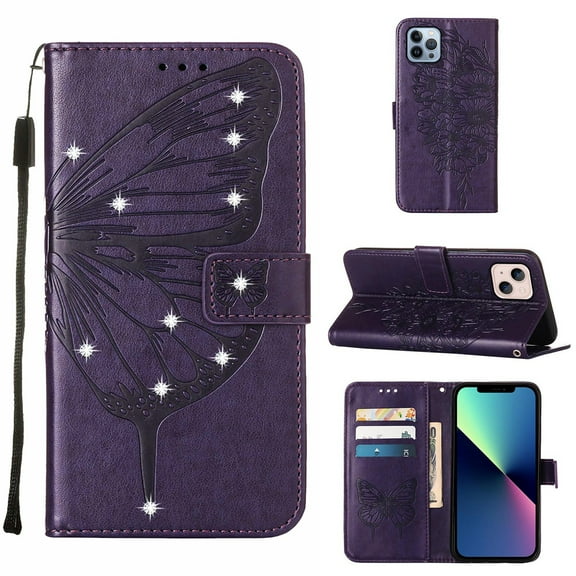 TECH CIRCLE for iPhone 14 Plus Case Butterfly Pattern Leather Wallet Case Cute Women Diamond Bling Cover with Card Slot Wrist Strap Kickstand Folio Flip Protective Case, Purple