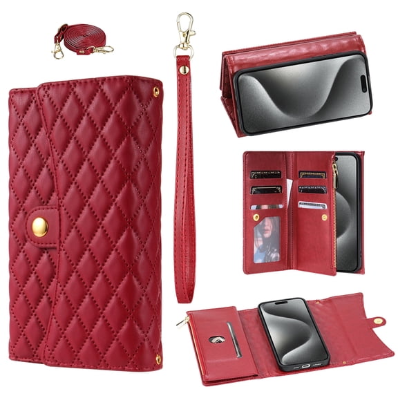 TECH CIRCLE For iPhone 14 Plus Case,Credit Card Holder Zipper Book Flip Kickstand PU Leather Protective Handbag Purse Cover with Wrist Strap Lanyard for Apple iPhone 14 Plus 6.7" 2022,Red
