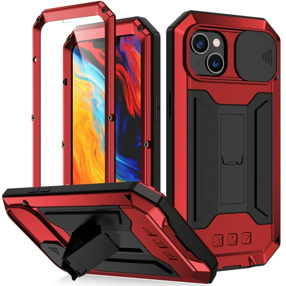 TECH CIRCLE iPhone 14 Plus Case,Heavy Duty Military Grade Drop Proof Protection Phone Cover with Screen Protector Kickstand Rugged Shockproof Bumper Slide Camera Protector Cover, Red
