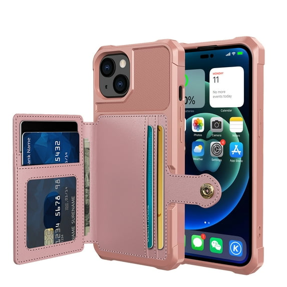 TECH CIRCLE For iPhone 14 Plus Wallet Case, Shockproof Rubber Card Holder Wallet PU Leather Back Phone Case Kickstand Protective Scratch Hybrid Bumper Shell for iPhone 14 Plus 6.7", Rosegold