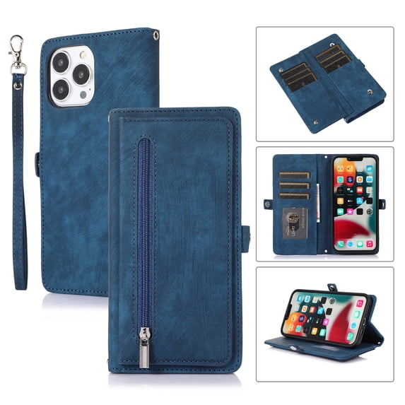 TECH CIRCLE for iPhone 14 Pro 6.1 inch Case,Luxury Business PU Leather Zipper Card Pocket Folding Wallet Holder Shockproof 360 Protection Cover+Hand Crossbody Strap.For iPhone 14 Pro,Blue