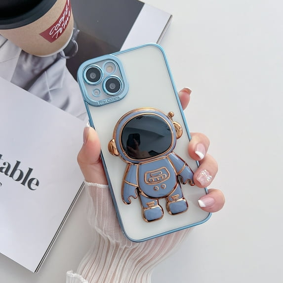 TECH CIRCLE for iPhone 14 Pro 6.1 inch Clear Slim Back Case,Cute Cartoon 6D Plating Astronaut for girls boys Hidden Folding Kickstand Soft TPU Shockproof Bumper Fit Cover.For iPhone 14 Pro,Blue