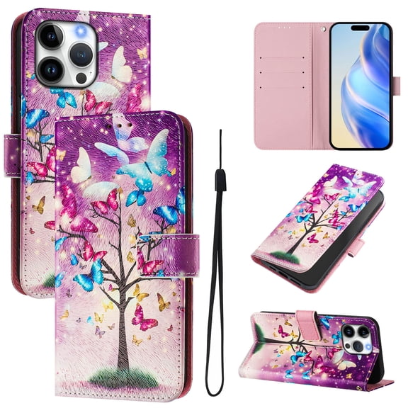 TECH CIRCLE for iPhone 14 Pro Case 6.1-Inch (2022 Release), Cute Cartoon Flip Wallet Phone Case with Lanyard, Built-in Card Slots & Stand Function, Portable Lightweight Slim Cover, Butterfly Tree