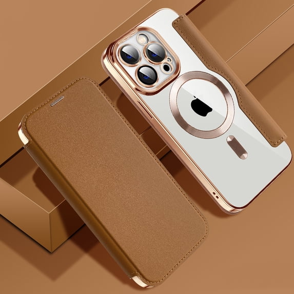 TECH CIRCLE iPhone 14 Pro Case - Clear Back Cover Flip Wallet Case Compatible with MagSafe, Brown