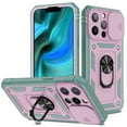 thumbnail image 1 of TECH CIRCLE iPhone 14 Pro Case, Slim Heavy Duty Rugged Hybird Shockproof Anti-Slip Magnetic Ring Stand Slide Len Protective Card Slot Case for iPhone 14 Pro 6.1 inch 2022,Green+Pink, 1 of 7
