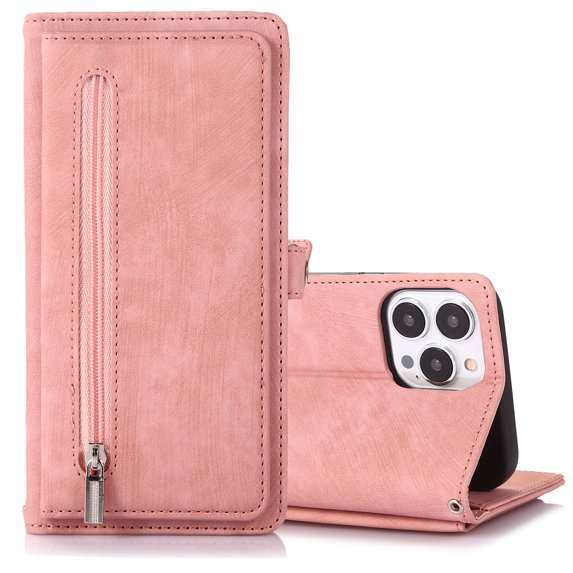 TECH CIRCLE for iPhone 14 Pro Max 6.7" Magnetic Clasp Case, PU Leather Flip Wallet Case with Cart Slot Kickstand & Wrist Strap Shockproof Protective Case for 14 Pro Max Women Men, Rosegold