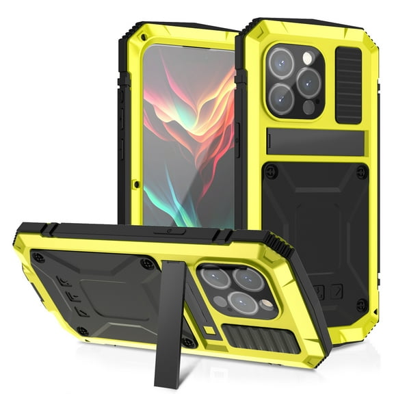 TECH CIRCLE for iPhone 14 Pro Max Metal Rugged TPU Case with Kickstand Built-in Screen Protector Camera Cover Sturdy Military Armor Durable Full Body Heavy Duty Shockproof Waterproof,Yellow