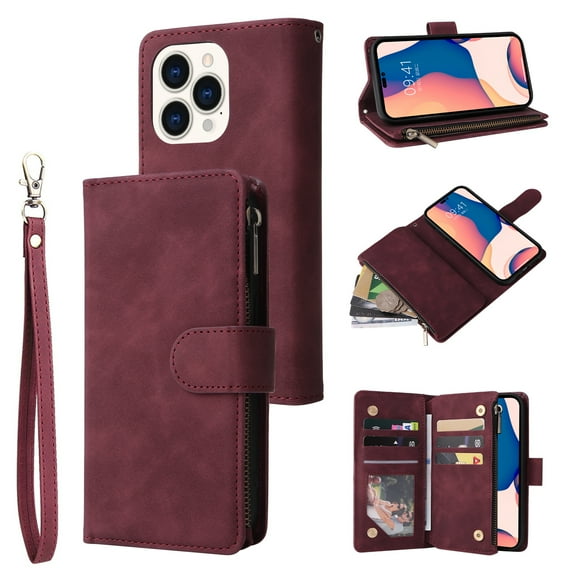 TECH CIRCLE iPhone 14 Pro Max Wallet Case, Classy PU Leather Zipper Purse Case Magnetic Buckle Folio Flip Cover Stand with Card Slots Wrist Strap for Apple iPhone 14 Pro Max 6.7 inch 2022, Winered
