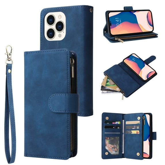 TECH CIRCLE iPhone 14 Pro Max Wallet Case, Classy PU Leather Zipper Purse Case Magnetic Buckle Folio Flip Cover Stand with Card Slots Wrist Strap for Apple iPhone 14 Pro Max 6.7 inch 2022, Blue