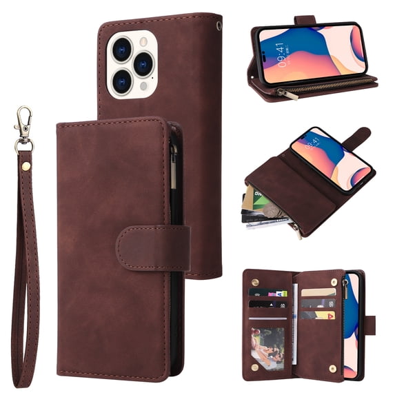 TECH CIRCLE iPhone 14 Pro Max Wallet Case, Classy PU Leather Zipper Purse Case Magnetic Buckle Folio Flip Cover Stand with Card Slots Wrist Strap for Apple iPhone 14 Pro Max 6.7 inch 2022, Coffee