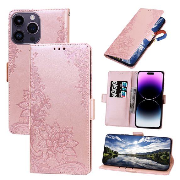 TECH CIRCLE For iPhone 14 Pro Max Wallet Case,PU Leather Protective Phone Case Wrist Strap Card Slots Holder Embossed Lace Flower Stand Flip Case for Apple iPhone 14 Pro Max 6.7" 2022,Rosegold