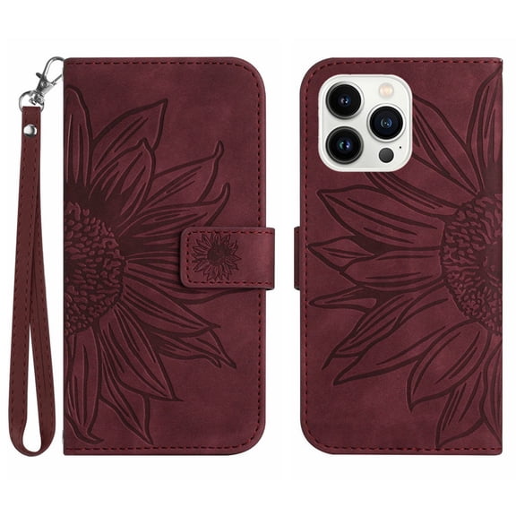 TECH CIRCLE iPhone 14 Pro Max Wallet Case for Women with Credit Card Holders, Sunflower Flip PU Leather Kickstand Shockproof Protective Strap Cover for iPhone 14 Pro Max 6.7 inch 2022,Winered