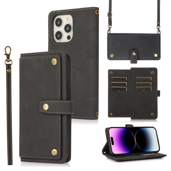 TECH CIRCLE iPhone 14 Pro Max Wallet Case for Women, PU Leather Flip Cover with Card Holder Kickstand Feature Protective Case with Shoulder Strap Wrist Strap for iPhone 14 Pro Max 6.7 Inch, Black