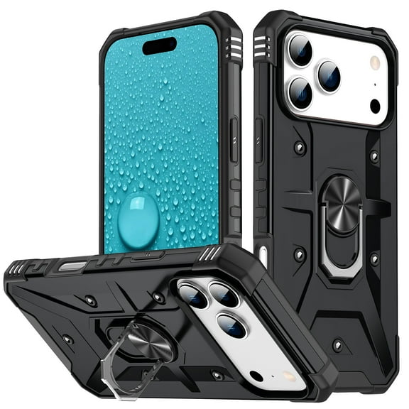 TECH CIRCLE for iPhone 14 Pro Rugged Shockproof Phone Case with Rotating Finger Ring Holder Kickstand, Compatible with Magnetic Car Mount, Slim Fit Lightweight Protective Hard Shell Cover, Black