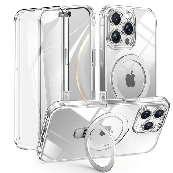 TECH CIRCLE for iPhone 14 Pro Silicone Case with Magnetic Invisible Stand [Compatible with MagSafe] Built-in Screen Protector Drop ProtectionTranslucent Full Body Shockproof Cover,Clear