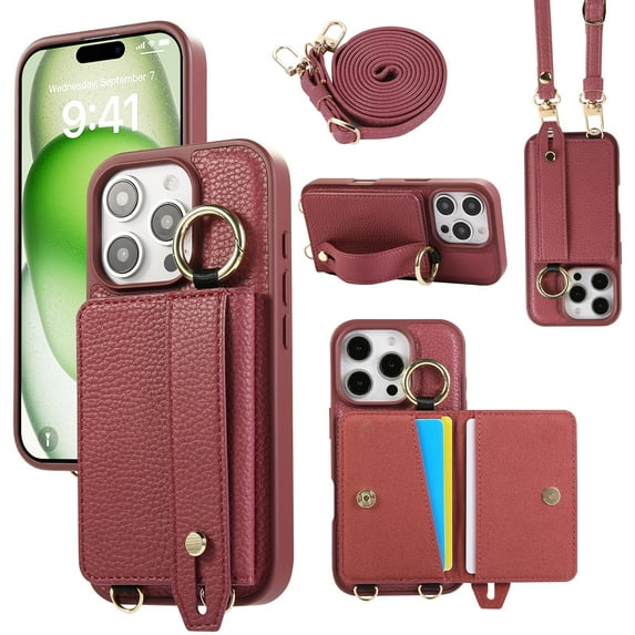 TECH CIRCLE for iPhone 14 Pro Wallet Case with Card Holder, Lanyard Wrist Strap Loop Holder Kickstand RFID Blocking Finger Grip Ring PU Leather Shockproof Cover for iPhone 14 Pro 6.1",Winered