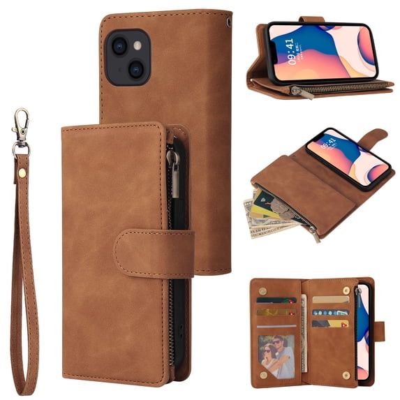 TECH CIRCLE iPhone 14 Pro Wallet Case, Classy PU Leather Zipper Purse Case Magnetic Buckle Folio Flip Cover Stand with Card Slots Wrist Strap for Apple iPhone 14 Pro 6.1 inch 2022, Brown
