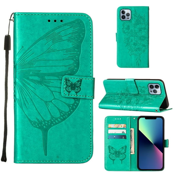 TECH CIRCLE for iPhone 14 Pro Wallet Case, Embossed Butterfly PU Leather Credit Card Holder Slots Full Body Protection Kickstand Flip Folio Shockproof TPU Phone Cover,Green