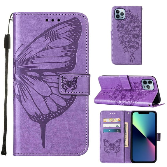TECH CIRCLE for iPhone 14 Pro Wallet Case, Embossed Butterfly PU Leather Credit Card Holder Slots Full Body Protection Kickstand Flip Folio Shockproof TPU Phone Cover,Lightpurple