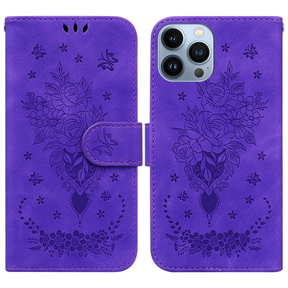 TECH CIRCLE iPhone 14 Pro Wallet Case,Embossed Premium PU Leather Magnetic Handbag Pocket Card Slots with Wrist Strap Flip Kickstand Shockproof Case for Apple iPhone 14 Pro 5G 6.1 inch 2022,Purple