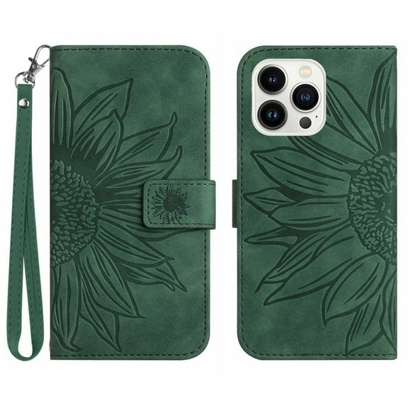TECH CIRCLE iPhone 14 Pro Wallet Case for Women with Credit Card Holders, Sunflower Flip PU Leather Kickstand Shockproof Protective Strap Cover for iPhone 14 Pro 6.1 inch 2022,Green