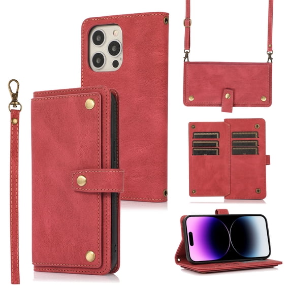 TECH CIRCLE iPhone 14 Pro Wallet Case for Women, PU Leather Flip Cover with Card Holder Kickstand Feature Protective Case with Shoulder Strap Wrist Strap for iPhone 14 Pro 6.1 Inch,Red