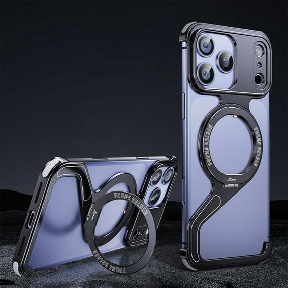 TECH CIRCLE for iPhone 14 Rugged Case Creative Skeleton Z-Shaped Anti-Fall Heat Dissipation Metal Frameless Shockproof Lightweight Non-Slip Protection & 360° Rotating Magnetic Stand,Black