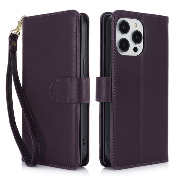 TECH CIRCLE For iPhone 14 Wallet Case with Card Holder,PU Leather Flip Folio Shell Magnetic Closure Wrist Strap Kickstand Shockproof Protective Cover for Apple iPhone 14 6.1" 2022,Darkpurple
