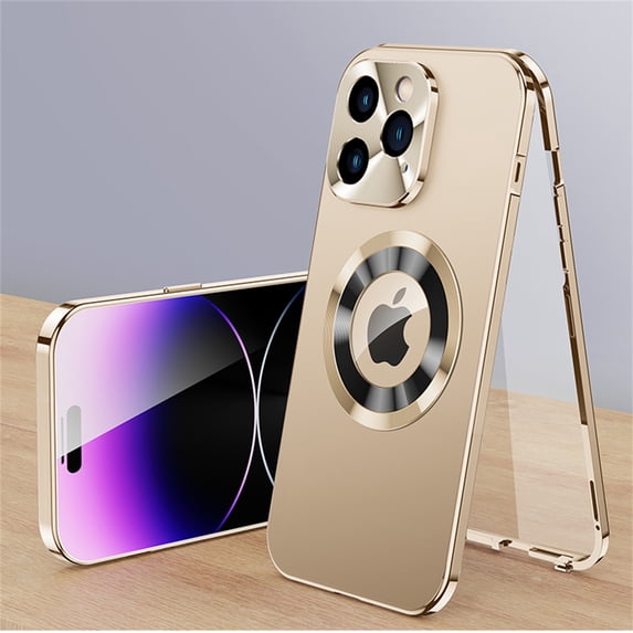 TECH CIRCLE for iPhone 15 Case Built-in Screen Protector,Full Body Rugged Shockproof Protective Plating Metal Frame Anti-Scratch PC Clear Back Cover Case with Lens Protector for Phone 15 2023,Gold
